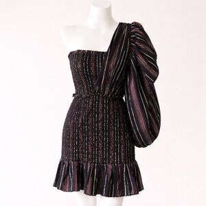 Farm Rio One-Shoulder Smocked Mini Dress Metallic Stripe | Size M